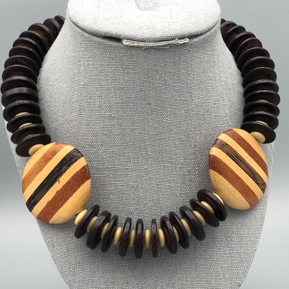 Vintage Wood Bead Necklace Brown Tan Inlay Woodwork Chunky Maximalist Boho 16 in